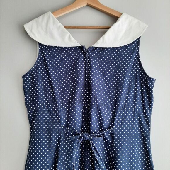 Navy Polka Dot Midi Dress with White Collar - Picture 10 of 16